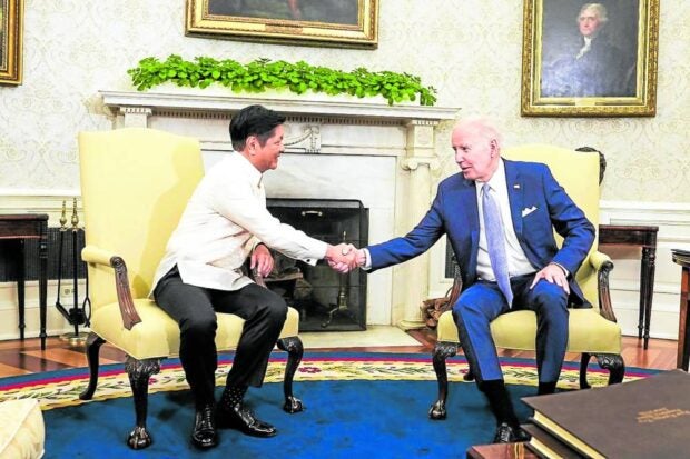 President Marcos and US President Joe Biden reaffirm the alliance between the Philippines and the United States during their meeting at the White House in Washington on May 1. —MALACAÑANG PHOTO