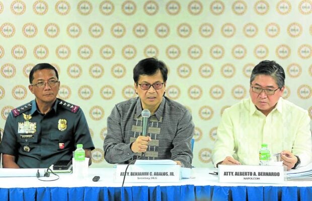 Interior Secretary Benhur Abalos, flanked by PNP chief Benjamin Acorda and Napolcom vice chair Alberto Bernardo, on Tuesday, June 13, 2023, updates the media on the status of the 2022 drug case against policemen. STORY: 50 cops sued over P 6.7-billion ‘shabu’ haul irregularities