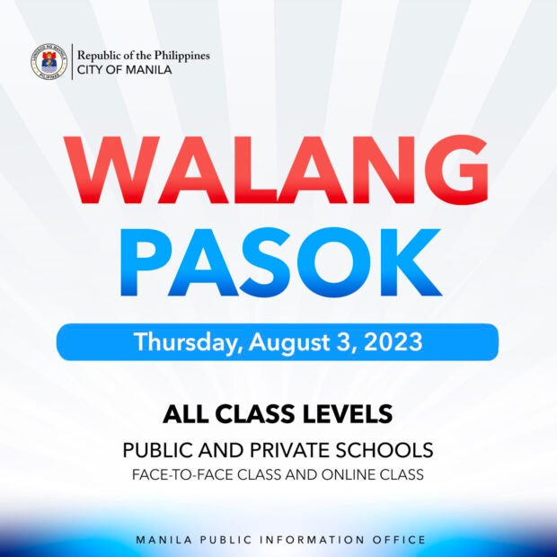 A list of class suspensions for August 3, 2023, due to the southwest monsoon or habagat